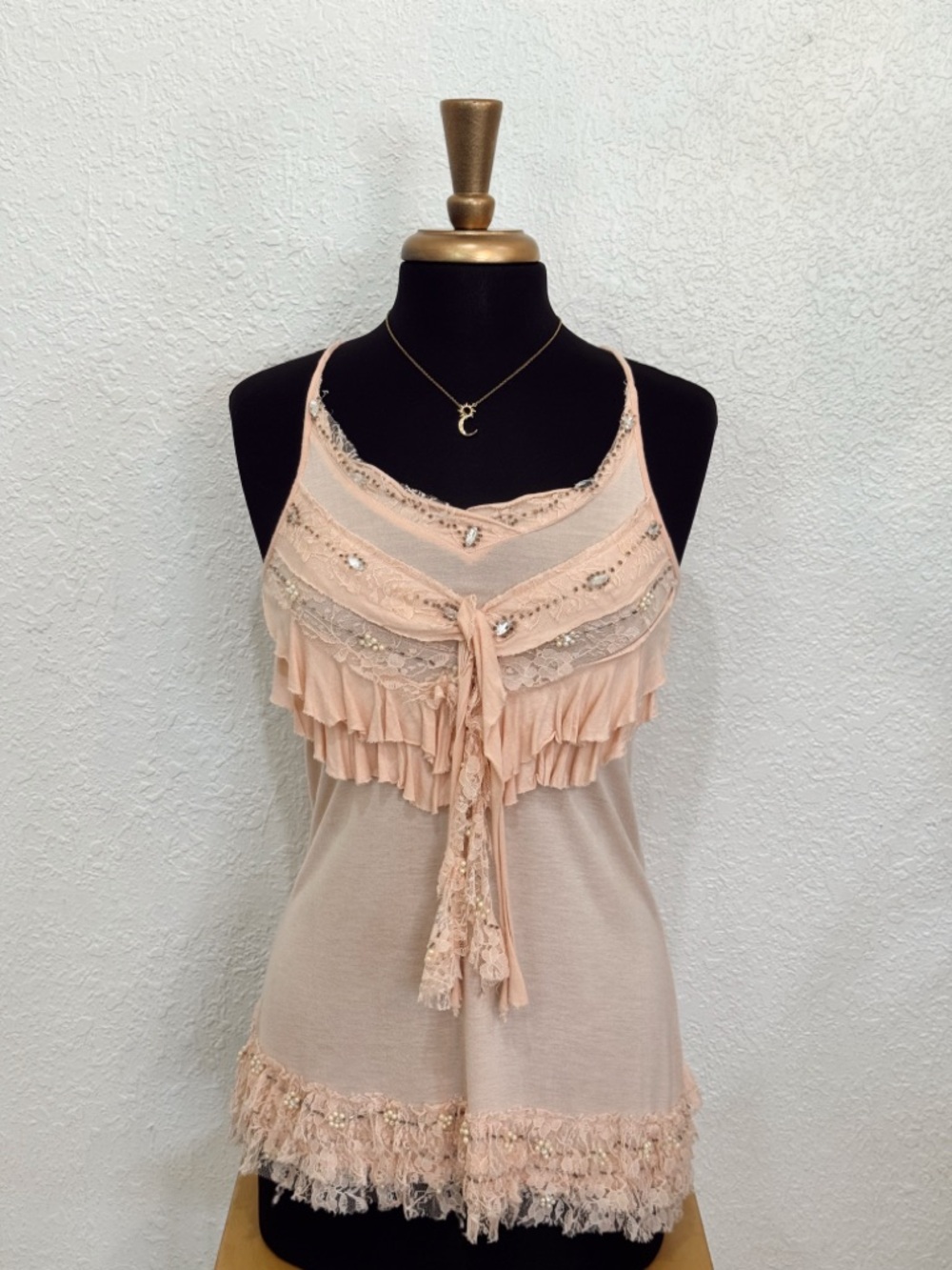 Dance In Paris Blush Pink Lace Ruffle Cami Top Beaded Coquette Boho Size M